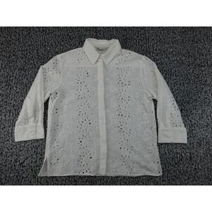 Zara Blouse Women Size M White Excellent Eyelet Lace Floral 3/4 Sleeve Button Up